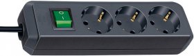 Brennenstuhl Three-way Plug Adaptor - Eco-line 3-way Socket Extension Cord, With Switch, Black 1,5m